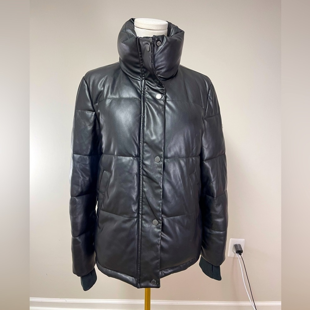 BCBG Faux Leather Puffer Coat moto goth winter coat